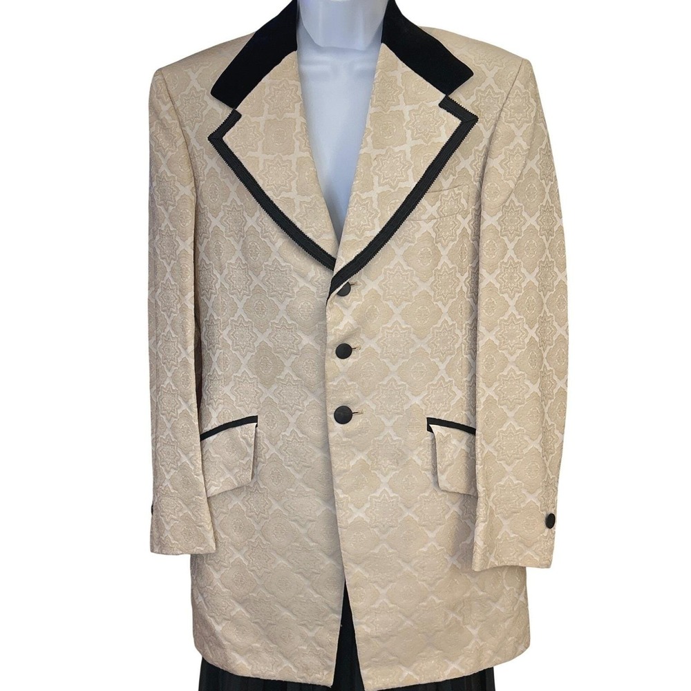 Vintage 1970s Lord West Prince Edward Ivory Brocade Tuxedo Jacket 38R Black Trim